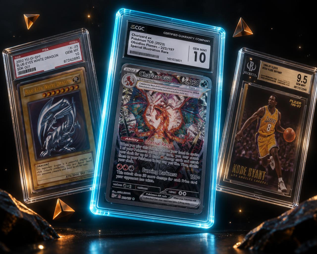 Graded trading card slabs floating on a dark background